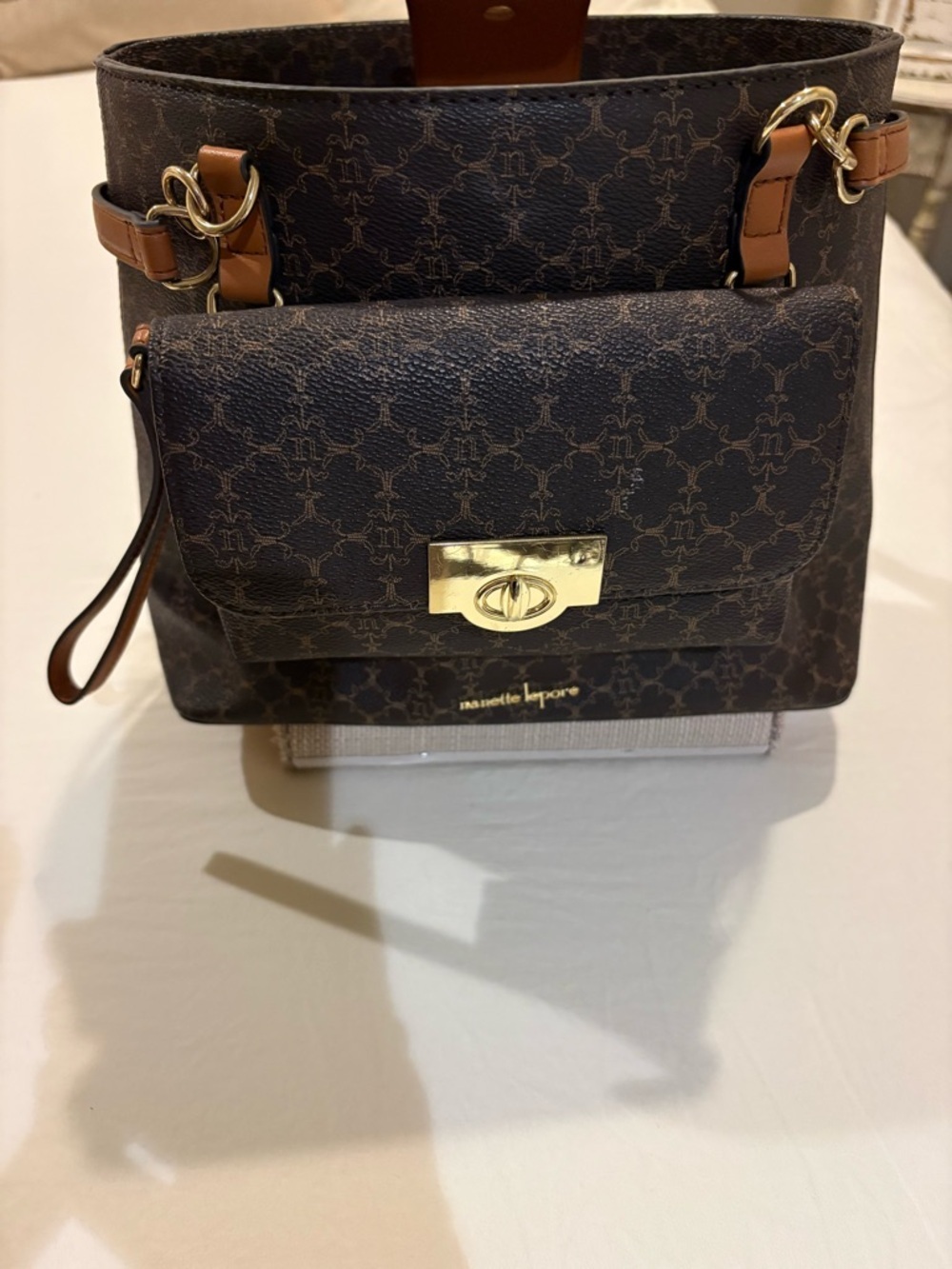Nanette Lepore Brown Monogram Shoulder Bag with Gold Hardware